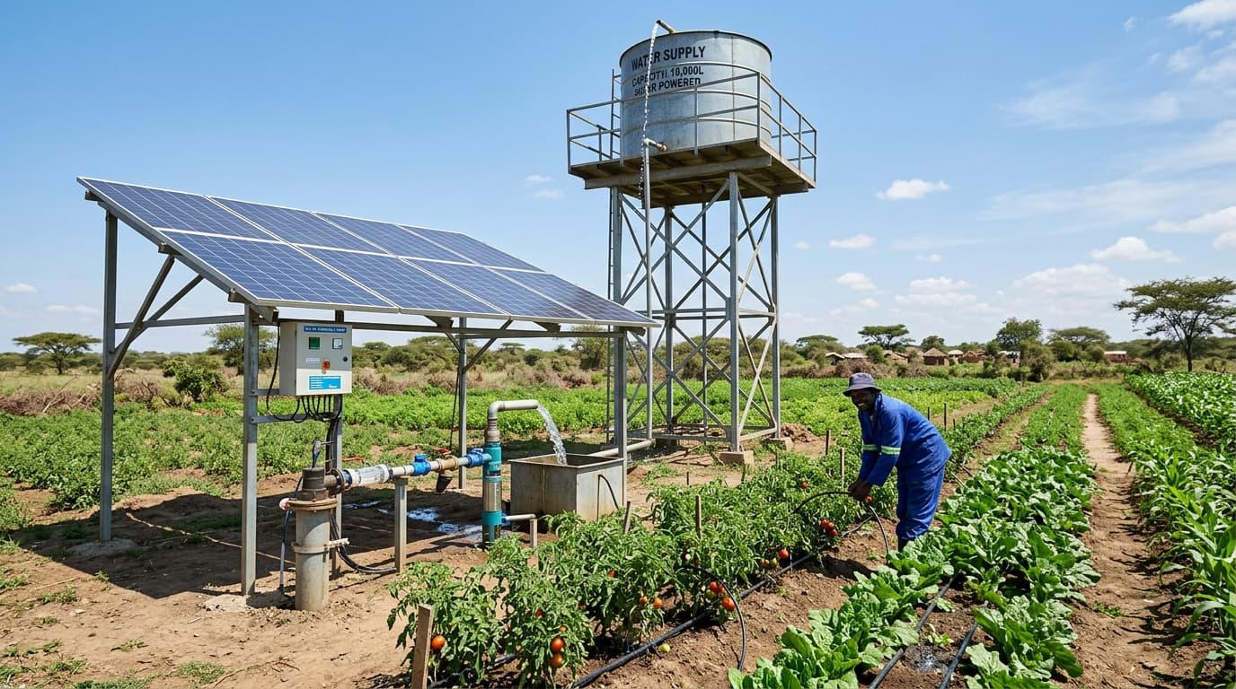 Solar-fed tank tower and greenhouse irrigation installation
